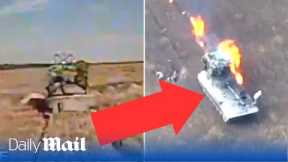Ukraine FPV drone blows up enemy tank leaving Russian soldiers leaping for their lives