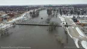 Drone Footage - Red River Flooding Closes Bridge, Grand Forks, ND - 4/25/2022