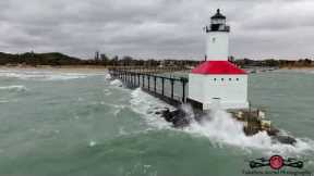 Beach GONE! Gale Winds Slamming Lake Michigan Lighthouse & Shoreline Must See Drone Footage 4K