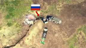 Ukrainian DJI Mavic drone dropping bombs on Russian troops hiding In foxholes in frontline