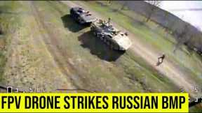 Ukrainian FPV drone Strikes 2 Russian BMP and crew.