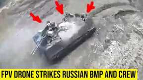 Ukrainian FPV drone strikes a moving Russian BMP and its crew.