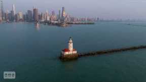 Chicago Harbor Lighthouse Navy Pier Skyline 4k Stock Drone Video Footage DJI Mavic 3
