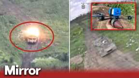 Ukraine FPV drone strikes Russian tank causing HUGE explosion