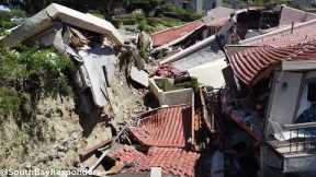 Close-up drone video of Houses Sinking in landslide | Rolling Hills Estates, CA