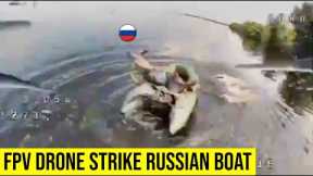 Russian troops jump from their boat after FPV drone strike.
